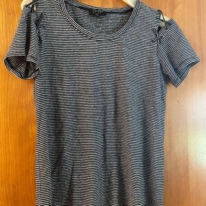 Jessica Simpson knit black/white striped T w/ criss cross design at shoulder.